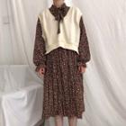 Set: Long-sleeve Floral Chiffon Midi Dress + Knit Vest