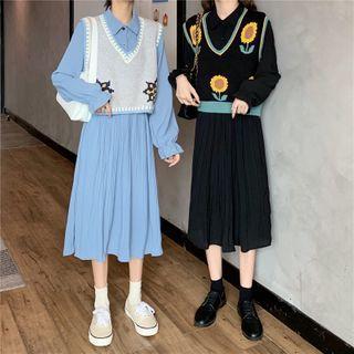 Long-sleeve Plain Midi Shirtdress / Print Sweater Vest
