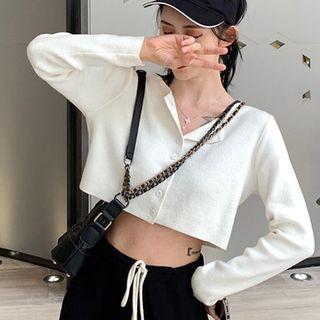 Plain Long-sleeve Knit Cropped Cardigan White - One Size