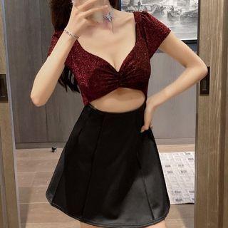 Short-sleeve Glitter Cutout Mini A-line Dress
