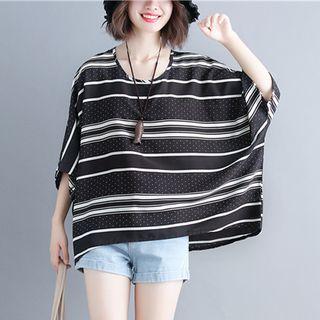 Striped Elbow-sleeve Loose Fit Top