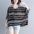Striped Elbow-sleeve Loose Fit Top