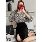 Puff-sleeve Satin Leopard Blouse