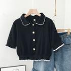 Short-sleeve Contrast Lining Blouse Black - One Size