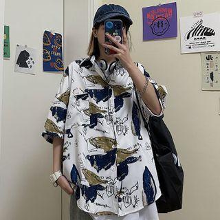 Short-sleeve Lettering Color Block Shirt