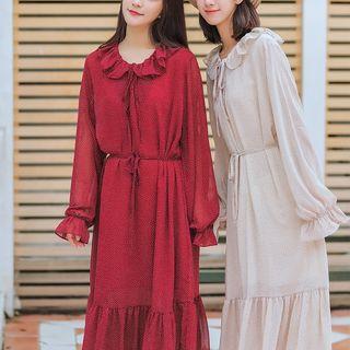 Dotted Ruffle Long-sleeve Midi Chiffon Dress