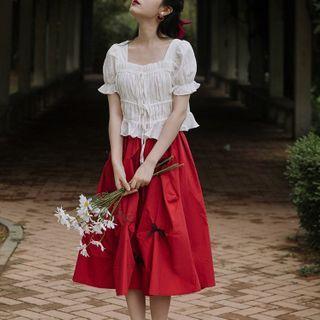 Set: Balloon-sleeve Smocked Blouse + Bow Midi A-line Skirt