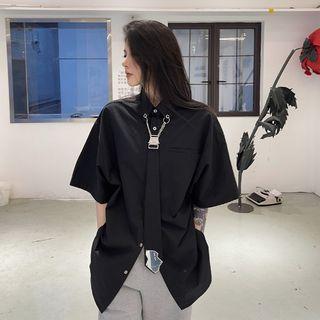 Short Sleeve Studded Collar Oversized Shirt