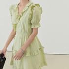 Short-sleeve Frill Trim Mini Wrap Dress