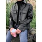 Snap-button Flap-pocket Pleather Jacket