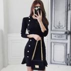 3/4-sleeve Frill Trim Buttoned Mini Knit Dress Black - One Size