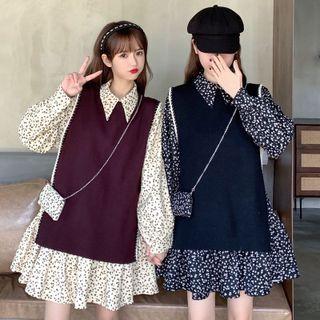 Long-sleeve Floral A-line Dress / Sweater Vest