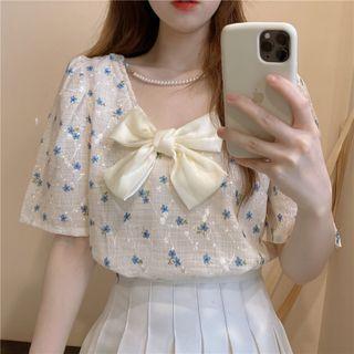 V-neck Bow Floral Shirt