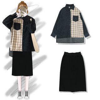 Plaid Panel Shirt / Midi A-line Skirt