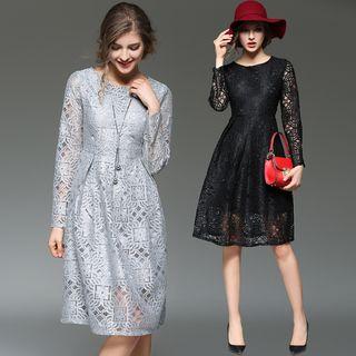 Gathered-waist Long-sleeved Floral Embroidered Crewneck A-line Plain Slim Lace Sheath Dress