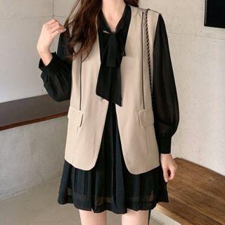 Tie-neck Mini A-line Dress / Button Vest