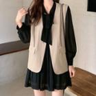 Tie-neck Mini A-line Dress / Button Vest