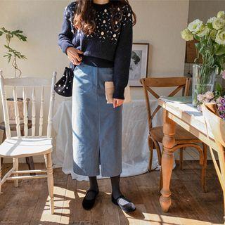 Slit-hem Corduroy Long Skirt
