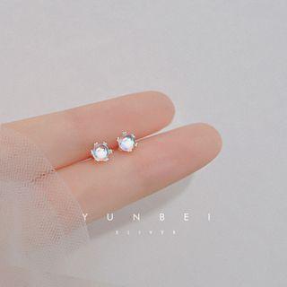 925 Sterling Silver Stud Earring 1 Pair - Silver & Transparent - One Size