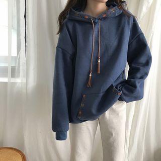 Fringed Drawstring Embroidered Trim Hoodie