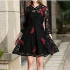Lace Panel Embroidered Long-sleeve Dress