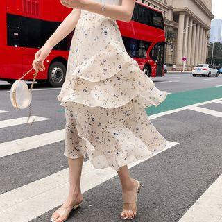 Midi Floral A-line Skirt Beige - One Size