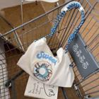Letter Embroidered Drawstring Tote Bag Blue - One Size