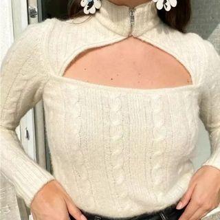 Cutout Half-zip Knit Top Beige - One Size