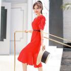Short-sleeve Ruffle Sheath Dress With Belt