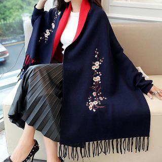 Embroidered Batwing-sleeve Fringed Cardigan