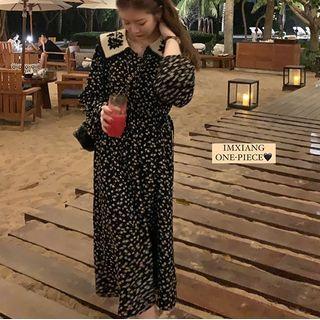 Long-sleeve Collar Floral Midi Smock Dress