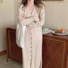 Long-sleeve V-neck Knit Shift Dress