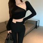 Asymmetrical Rhinestone Cutout Crop Top / Wide-leg Pants