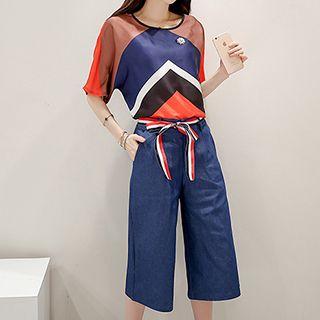 Set: Color-block Top + Wide-leg Pants