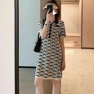 Short-sleeve Polo Neck Patterned Dress