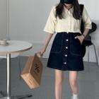 Short-sleeve Collared Mini A-line Dress / Denim Button Mini A-line Skirt
