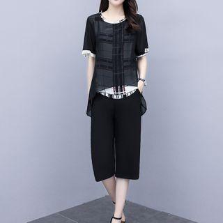 Set: Short-sleeve Overlay T-shirt + Capri Pants