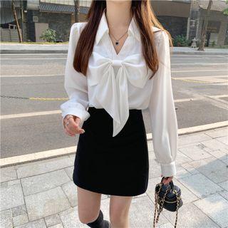 Long-sleeve Bow-accent Blouse / Plain Mini Skirt