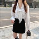Long-sleeve Bow-accent Blouse / Plain Mini Skirt