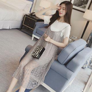 Set: Short-sleeve Dress + Spaghetti Strap Lace Dress