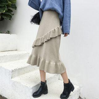 Ruffle Midi A-line Knit Skirt
