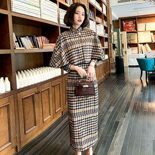 Set: Houndstooth Long-sleeve Qipao + Cape