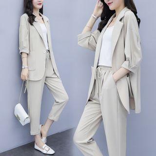 Set: Single-button 3/4-sleeve Blazer + Cropped Drawstring Pants