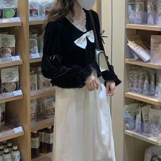 Mock Two Piece V-neck Velvet Panel Plain Bow Accent Dress