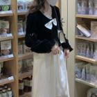 Mock Two Piece V-neck Velvet Panel Plain Bow Accent Dress