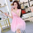 V-neck Mesh Panel Sleeveless A-line Dress