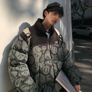 Smiley Face Print Zip Padded Coat