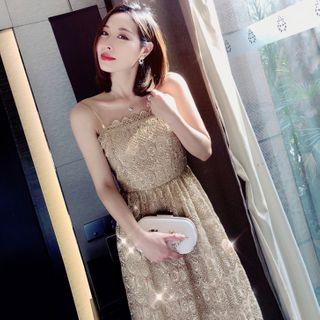 Spaghetti Strap Embroidered Midi A-line Lace Dress