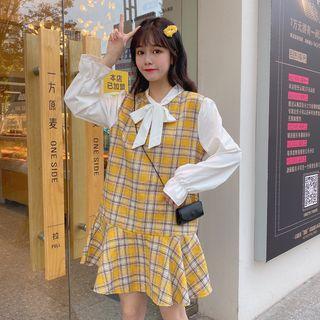Long-sleeve Paneled Plaid Mermaid Dress