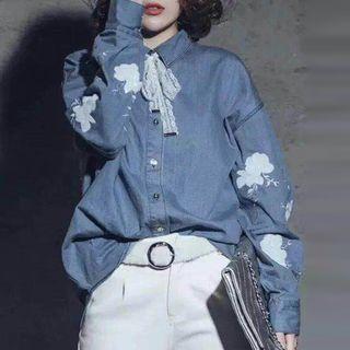 Tie-neck Embroidery Denim Shirt